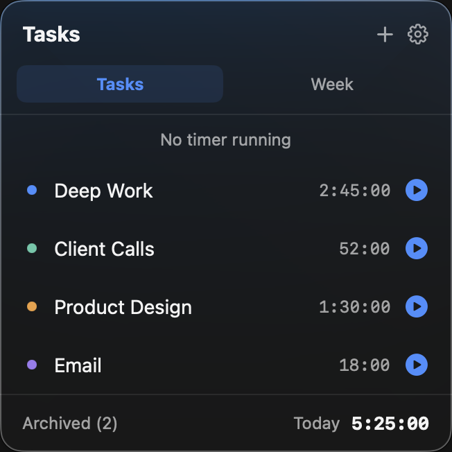 Task Timer Pro's menu bar popover in dark mode, showing a list of tasks with their logged time