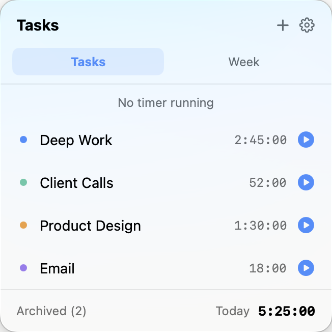 Task Timer Pro's menu bar popover in light mode, showing a list of tasks with their logged time